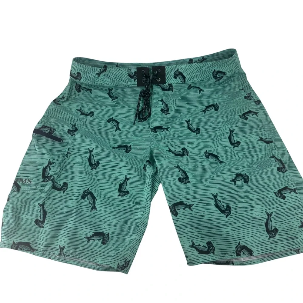 Simms Fishing Products Mens 36 Teal Tarpon Print Board Shorts Swim Trunks Pocket
